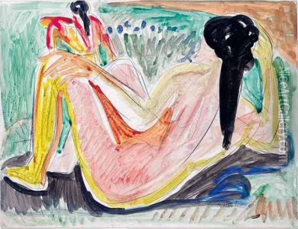 Liegender Weiblicher Akt Mit Schwarzem Haar (reclining Female Nude With Black Hair) Oil Painting - Ernst Ludwig Kirchner
