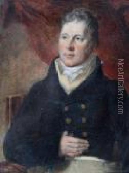 Portrait Of A Gentleman Wearing Dark Blue Jacket And White Stock Seated In A Chair Oil Painting - Sir Thomas Lawrence