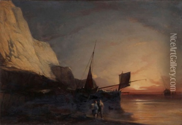 Fishermen At The Beach At Sunset Oil Painting - Jacob Jacobs