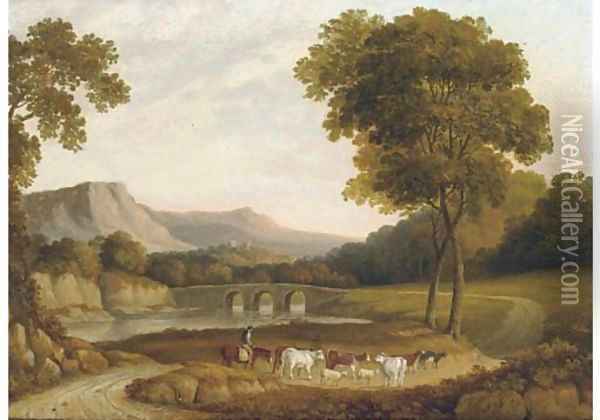 Cattle and a herder on horseback, Derbyshire Oil Painting - John Glover