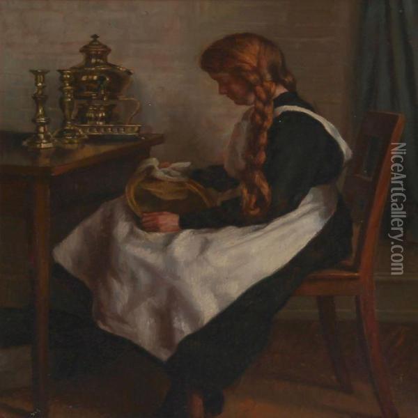 A Girl Polishing Brass Oil Painting - Sophus Vermehren