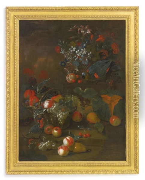 Still Life With Two Parrots, A Basket Of Flowers, A Basket Of Peaches And Grapes, A Pear And Cantaloupe In Front Oil Painting - Charles Collins