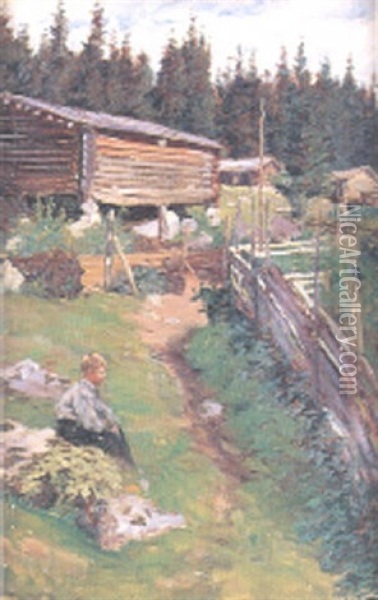 Fabodvall Med Gosse, Sommar Oil Painting - Jakob Bratland