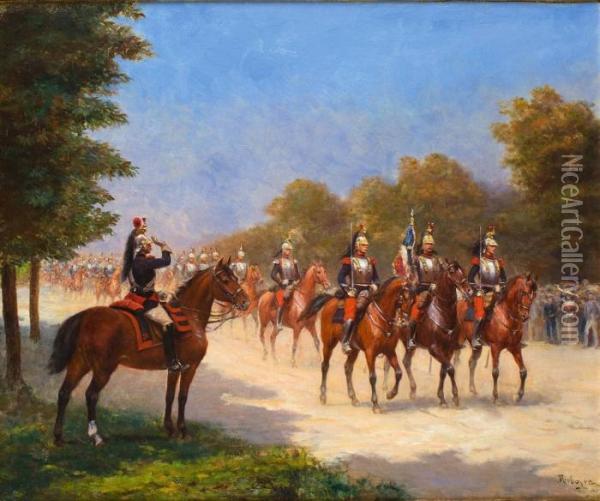 La Revue Du Regiment De Dragons A Cheval Oil Painting - Paul Emile Leon Perboyre