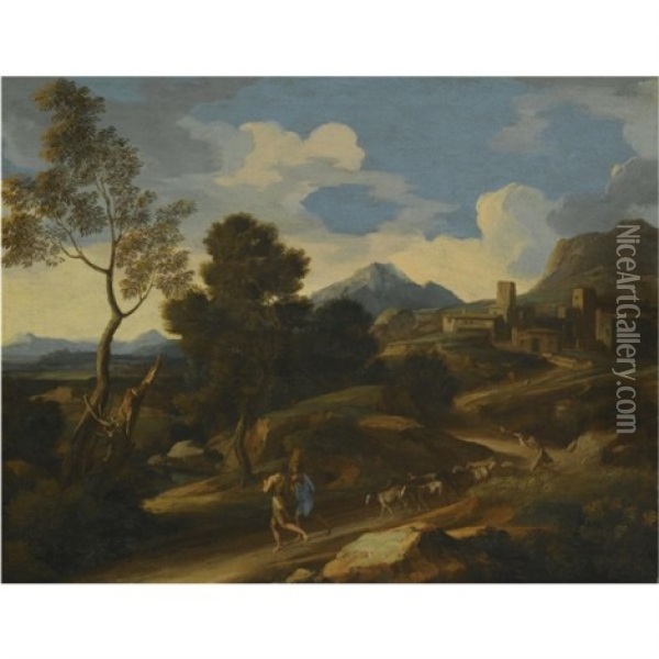 An Italianate Landscape With Goat Herders Driving Their Flock Along The Path In The Foregound, A Town Beyond Oil Painting - Gaspard Dughet