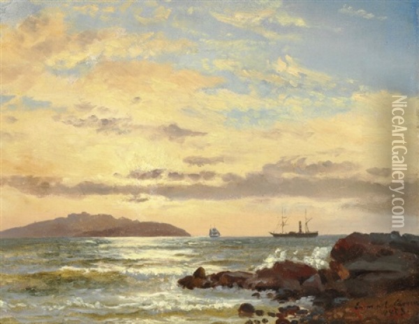 Seascape With Sailing Ships Off The Coast Oil Painting - Emanuel Larsen