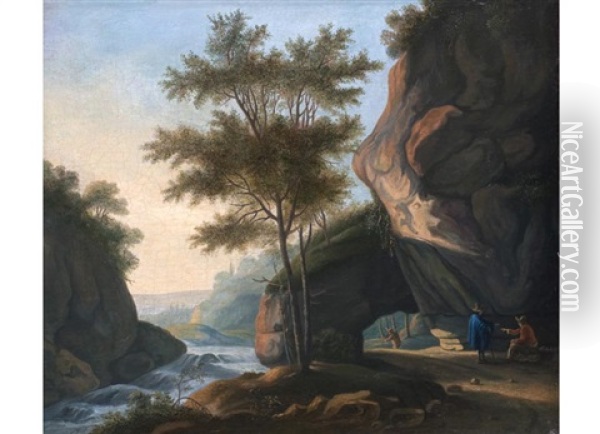 Italienische Landschaft Mit Felsenhohle Und Flusslauf Sowie Figurenstaffage Oil Painting - Willem Van Bemmel