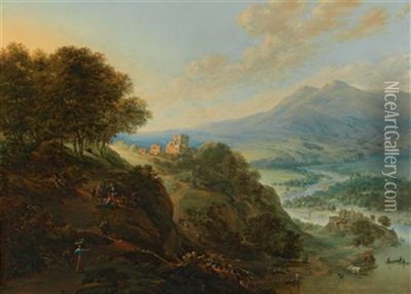 A Vast Mountain Landscape With Peasants Resting Near A Path And A Small Fortified Town In A Valley Oil Painting - Jan Griffier the Elder