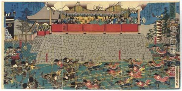 A Mock Battle Of Long And Short Spears Oil Painting - Sadahide Hashimoto