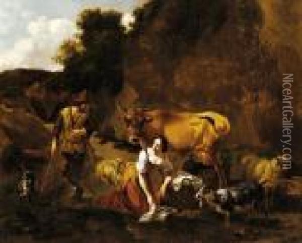 A Drover And His Flock Beside A Stream With A Washerwoman Nearby Oil Painting - Nicolaes Berchem