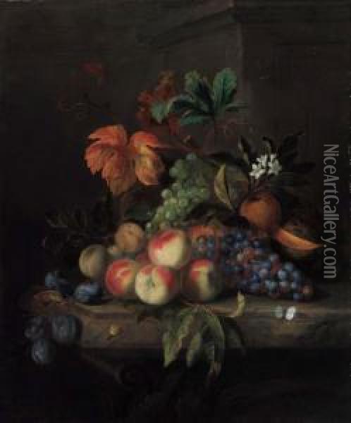 Peaches, Grapes, A Melon, Orange
 Blossom With An Orange, Plums, Abutterfly And A Snail, On A Marble 
Table Oil Painting - Jakob Bogdani Eperjes C