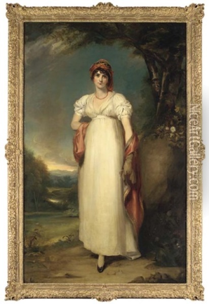 Portrait Of Mrs. John Halkett, Full-length, In A White Dress, With An Embroidered Headdress And Shawl, In An Extensive Landscape Oil Painting - Thomas Lawrence