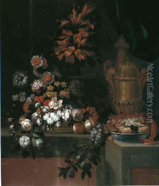 Stilleben Mit Blumen, Fruchten, Schalentieren Und Einer     Porphyrvase Oil Painting - Pierre Nicolas Huilliot