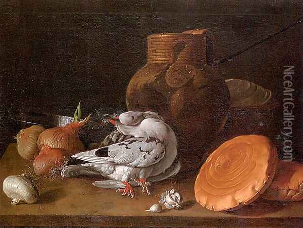 Still Life with Pigeons, Onions, Bread and Kitchen Utensils 1772 Oil Painting - Luis Eugenio Melendez
