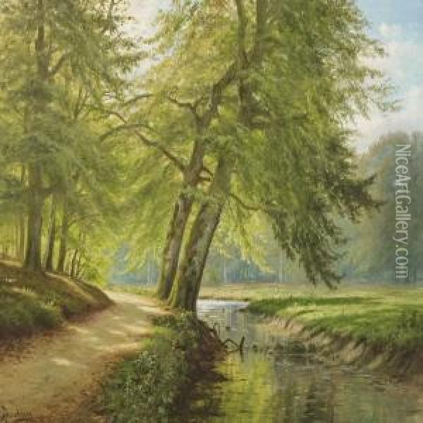 A Winding Stream Through Sunny Summer Forest Scenery Oil Painting - A. G. Jacobsen