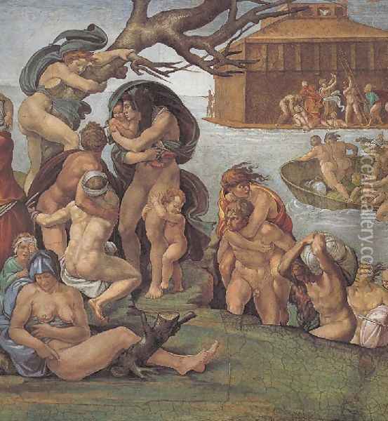 Ceiling Of The Sistine Chapel Genesis Noah 7 9 The Flood Left View Oil Painting - Michelangelo Buonarroti
