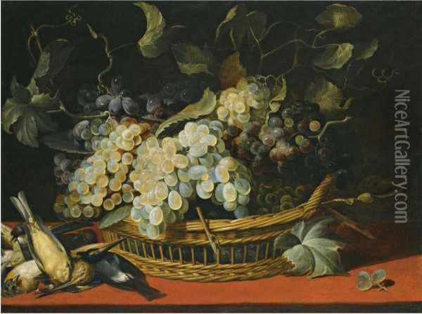 A Still Life With Black And 
White Grapes In A Basket With Akingfisher And Other Dead Birds On A 
Ledge Oil Painting - Frans Snyders