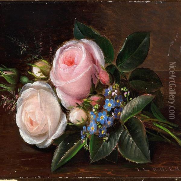 A Bunch Of Roses And Forget-me-nots On A Sill Oil Painting - Johan Laurentz Jensen