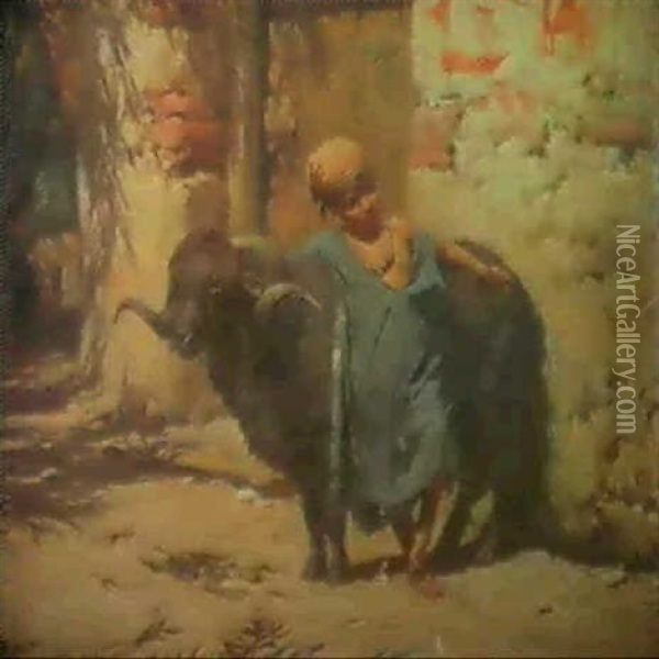 Young Boy With Black Ram Oil Painting - Frederick Arthur Bridgman