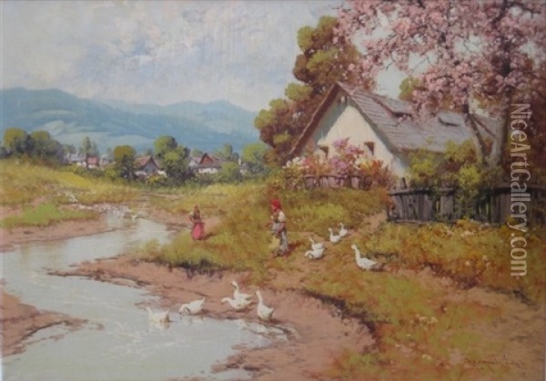Geese Tenders Oil Painting - Antal (Laszlo) Neogrady