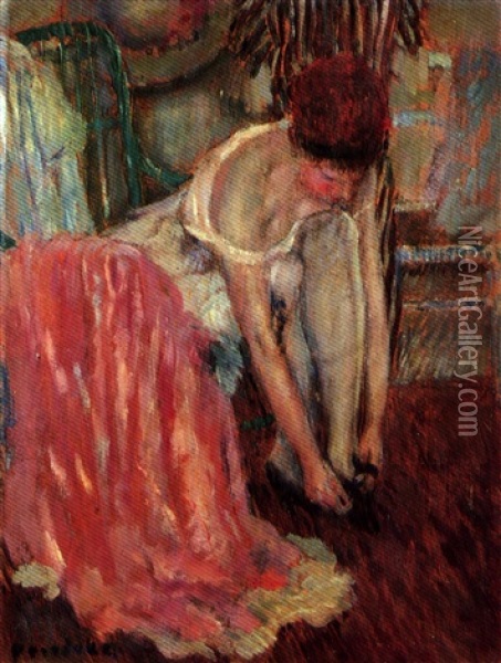 Woman Tying Her Shoe Oil Painting - Frederick Carl Frieseke