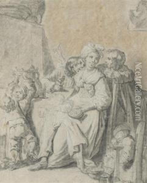 A Family Interior Scene (recto); A Woman, Half-length (verso) Oil Painting - Johann Eleazar Schenau