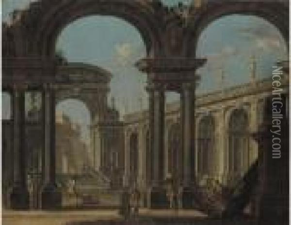 A Capriccio Of A Classical Palace With Figures Oil Painting - Giovanni Ghisolfi