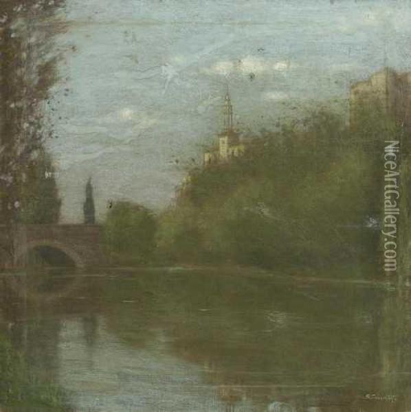 Stadt Am Fluss. Oil Painting - Girolamo Cairati