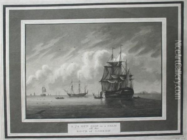A 74 Gun Ship In A Calm Off The Rock Of Lisbon Oil Painting - Samuel Atkins