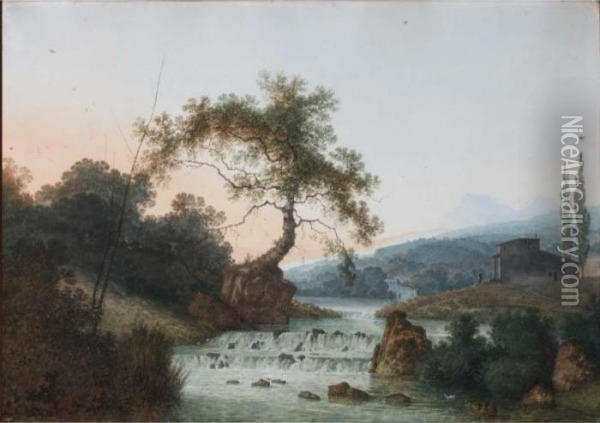 A Mountainous River Landscape With A Waterfall Oil Painting - Joseph Augustus Knip