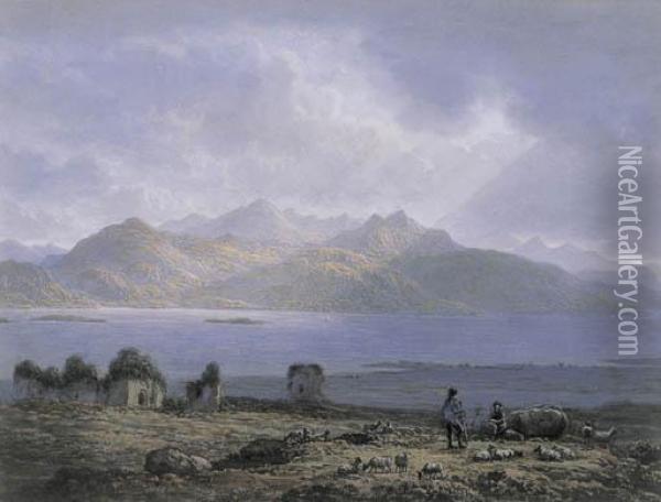 Shepherds With A Flock And A Ruin On The Banks Of A Lock With Distant Mountains Oil Painting - John Glover