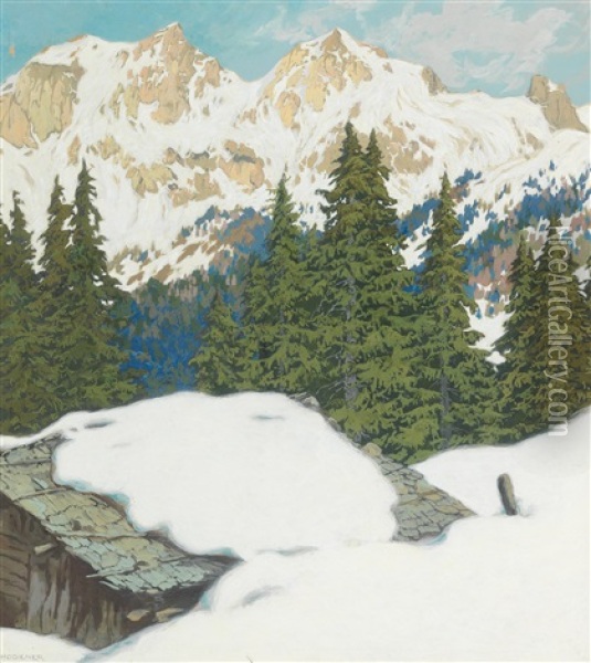 The Sulzenalm Near Filzmoos On A Sunny Winter Day Oil Painting - Hugo Hodiener (Hodina)