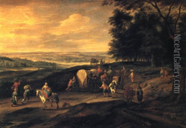 An Extensive Landscape With Peasants On An Open Road Oil Painting - Jan Brueghel the Elder