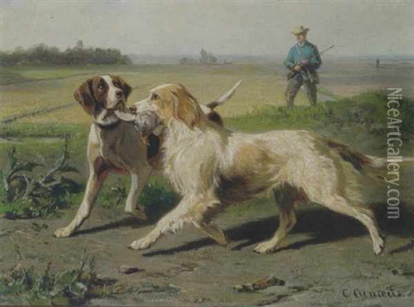 Twee Jachthonden Met Hun Prooi En Een Jager Oil Painting - Conradyn Cunaeus