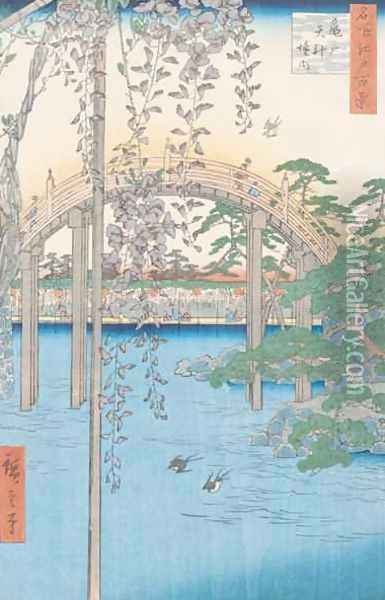 The Bridge with Wisteria or Kameido Tenjin Keidai plate 57 from 100 Views of Edo Oil Painting - Utagawa or Ando Hiroshige