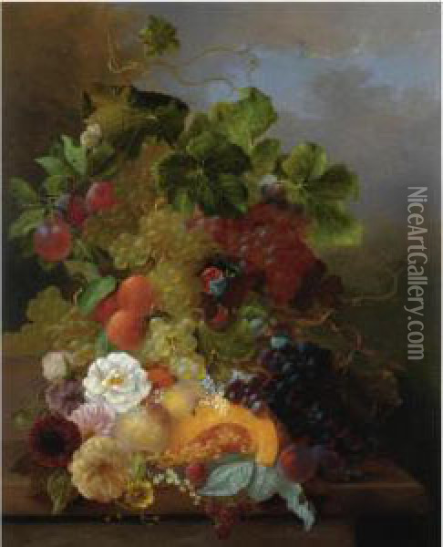 Still Life Of Fruit With Dahlias And Roses Oil Painting - Jan Van Der Waarden