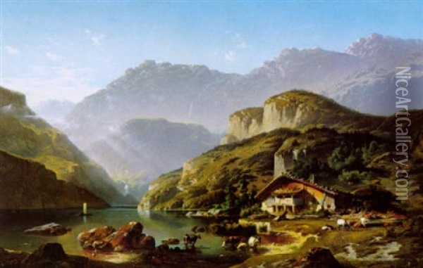 Paysage De Montagne Avec Lac Oil Painting - Jean Francois Xavier Roffiaen