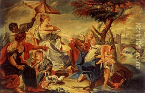 Fraros Datter Finder Moses I Kurven, I Baggrunden Udsigt Over Landskab Oil Painting - Johan Edvard Mandelberg