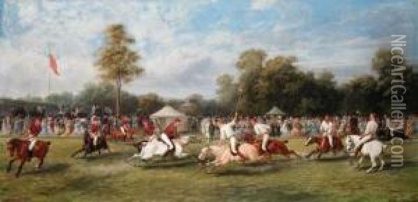 A Polo Match At Hurlingham 
Between The Royal Horse Guards (theblues) And The Monmouthshire Team, 
Played On 7 July 1878 Oil Painting - George Earl