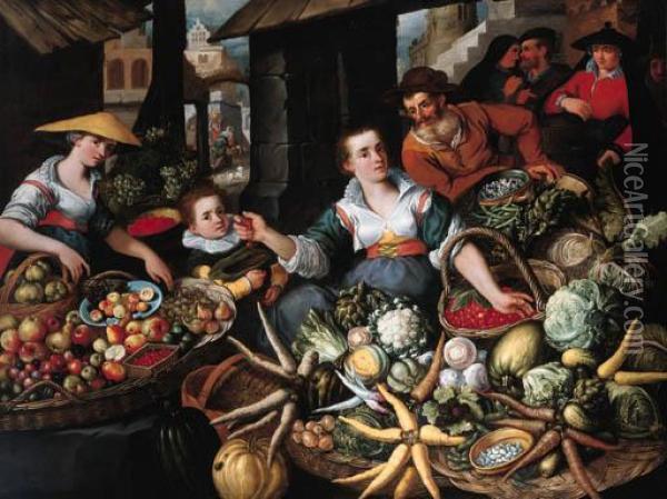 A Fruit And Vegetable Stall In A Town Market Oil Painting - Jean Baptiste de Saive