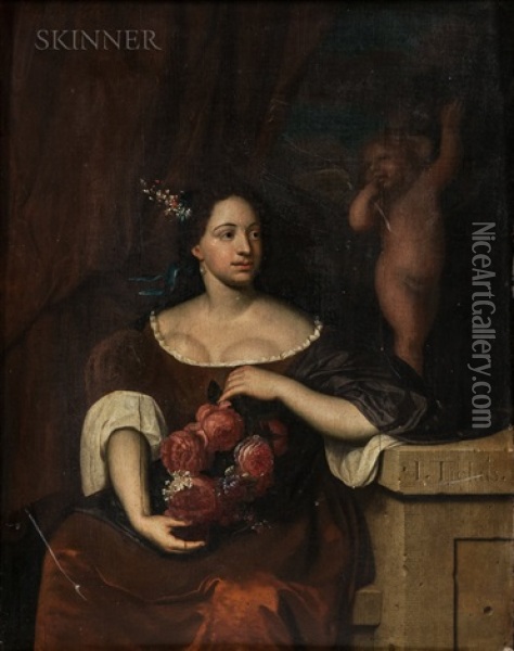 Seated Woman With A Bouquet Of Roses, A Figure Of Cupid Behind Her Oil Painting - Johannes (Jan) Tielius