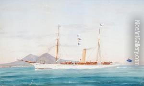 The Steam Yacht Rhouma In The Bay Of Naples,and In Stormy Waters Oil Painting - de Simone Tommaso
