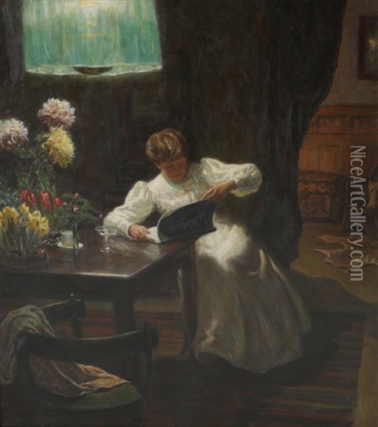 Kvinne I Interior Oil Painting - Asor (Henrik A.) Hansen
