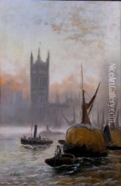 Barges On The Thames Before Westminster Palace Oil Painting - Edwin Fletcher