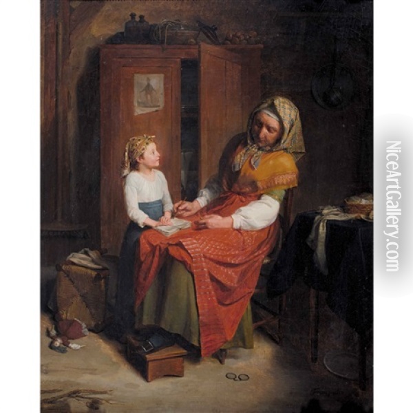 Interieur Mit Grossmutter Und Enkelin Oil Painting - Jean Augustin Franquelin