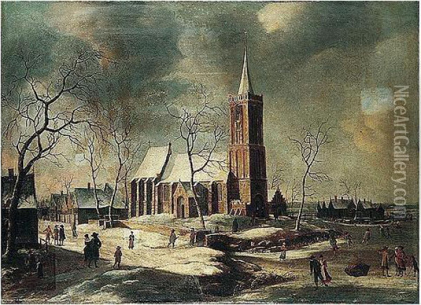 A Winter Landscape With Villagers Skating On A Frozen River Before A Church Oil Painting - Anthonie Beerstraten
