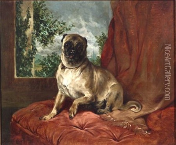 Kitty/a Portrait Of A Pug On A Tufted Cushion Oil Painting - John Charlton