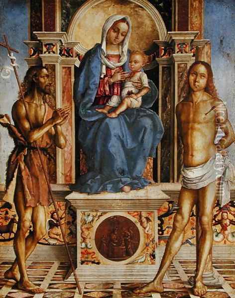 The Virgin and Child Enthroned with St. John the Baptist and St. Sebastian Oil Painting - Francesco Da Cotignola (see Zaganelli, Francesco di Bosio)