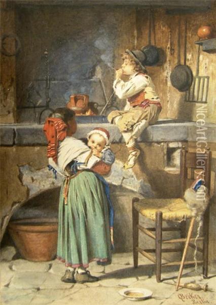 Italienisches Kucheninterieur Mit Kindern Und Jungen Beim Rauchen Oil Painting - Q. Becker