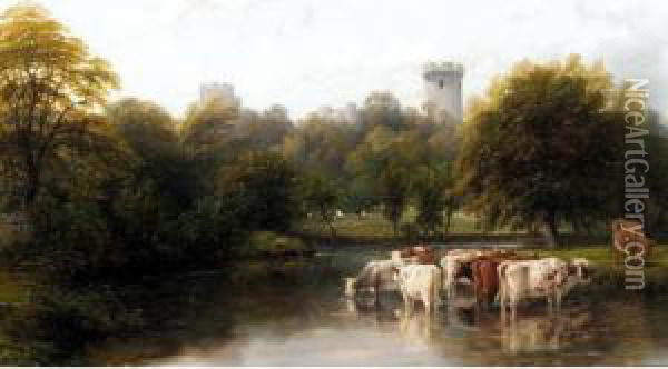 Mill Pond With Cows, Warwick Castle Beyond Oil Painting - Thomas Baker Of Leamington